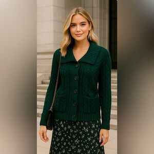 St John’s Bay Button Up Cardigan Green Cable Knit Cozy Cottagecore Granola Lagen